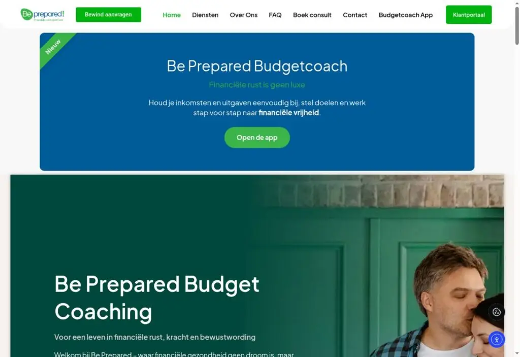 Schermafbeelding van de homepage van Be Prepared Coaching & Budgetbeheer