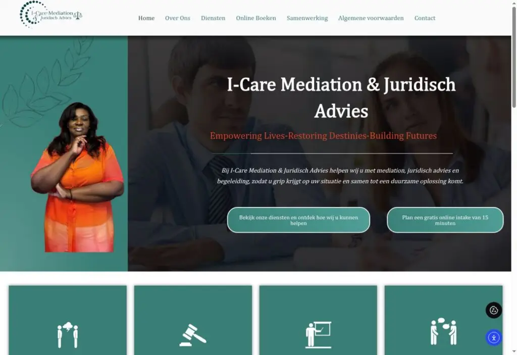 Schermafbeelding van de homepage van I-Care Mediation & Juridisch Advies